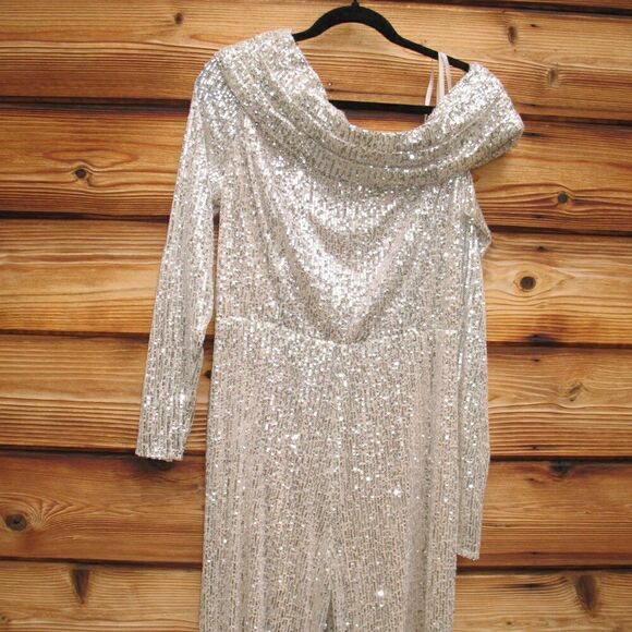 NWT Mac Duggal SEQUINED DROP SHOULDER LONG SLEEVE JUMPSUIT - Picture 7 of 14